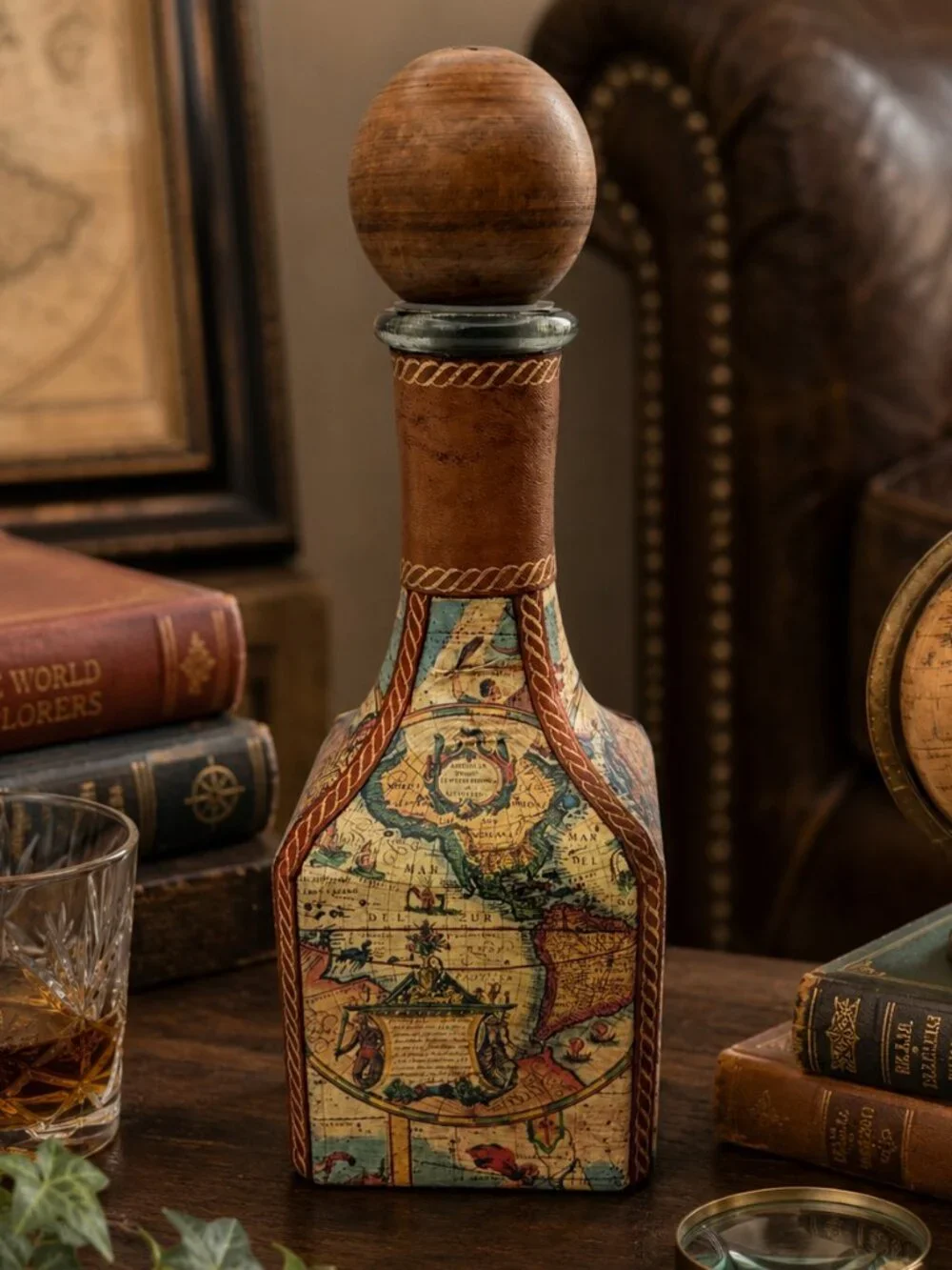 Vintage Old World Map Leather Liquor Decanter - Fausto Corduri Decanter - Italy